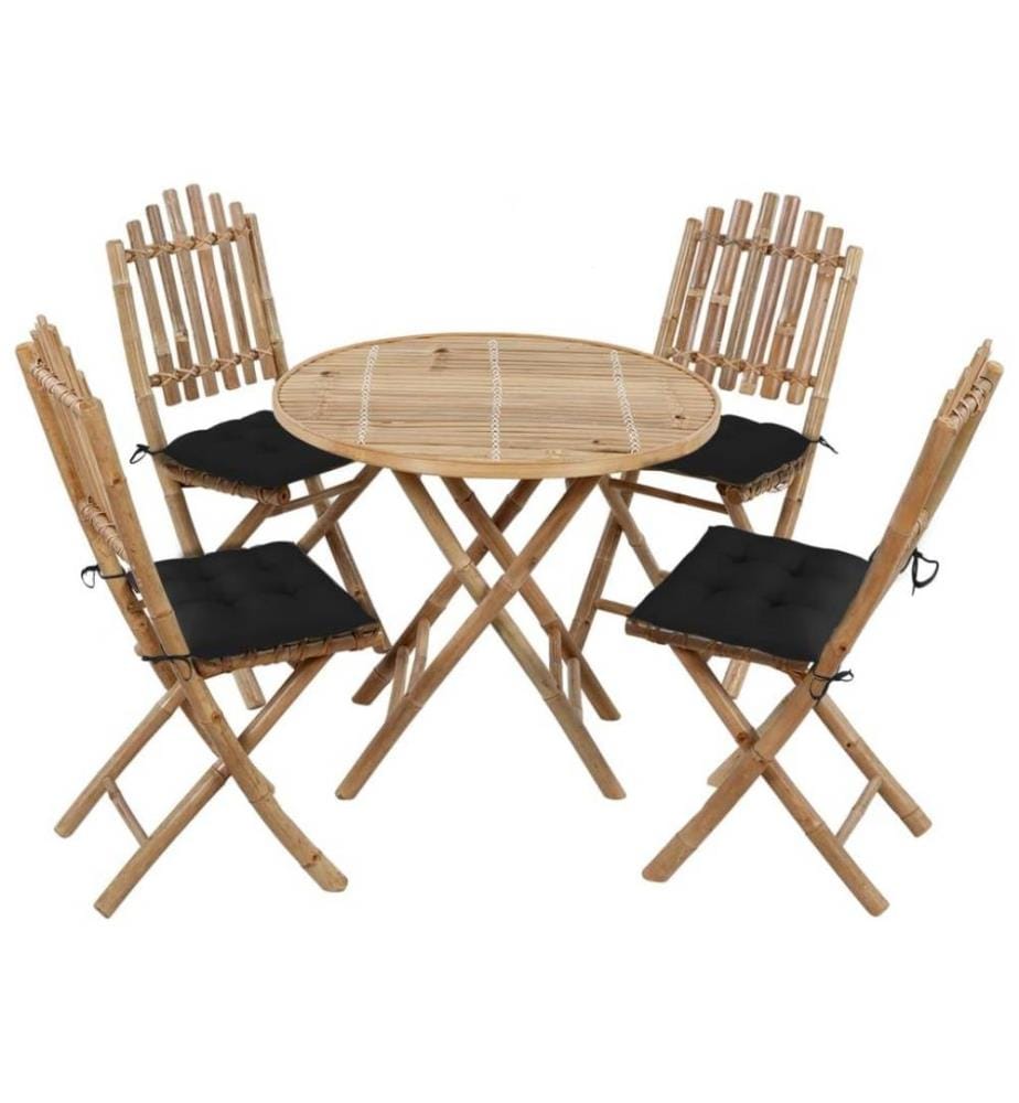 Mobilier à dîner d'extérieur pliable 5 pcs avec coussins Bambou