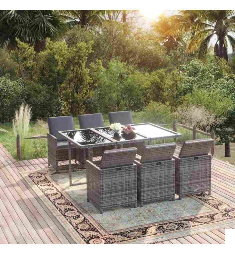 Mobilier à dîner de jardin et coussins 7pcs Résine tressée Gris