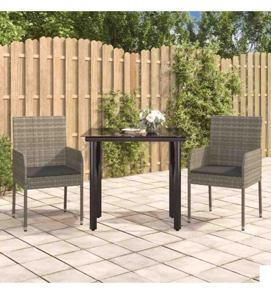 Mobilier à dîner de jardin 3pcs avec coussins noir et gris