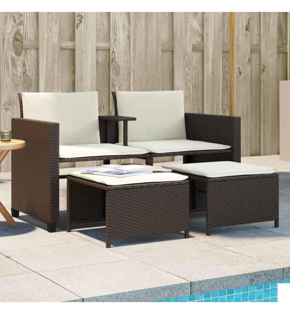 Canapé de jardin 2 places avec table et tabourets marron rotin