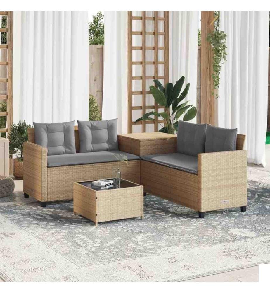 Canapé de jardin avec table et coussins en forme de L beige