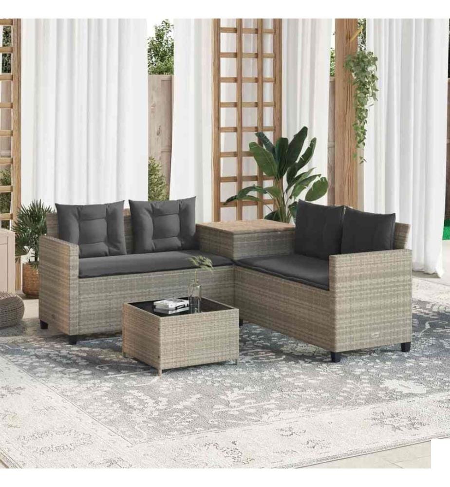 Canapé de jardin et table et coussins en forme de L gris clair