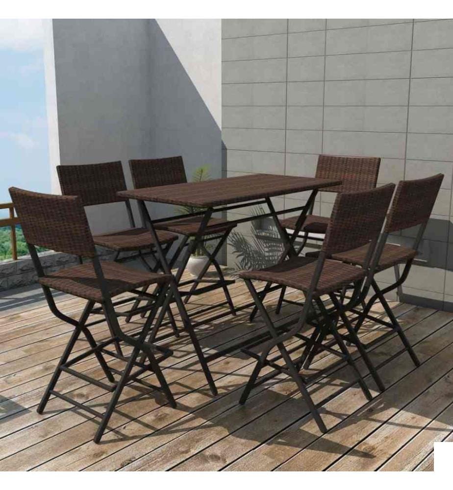 Mobilier à dîner pliable 7 pcs Acier Résine tressée Marron