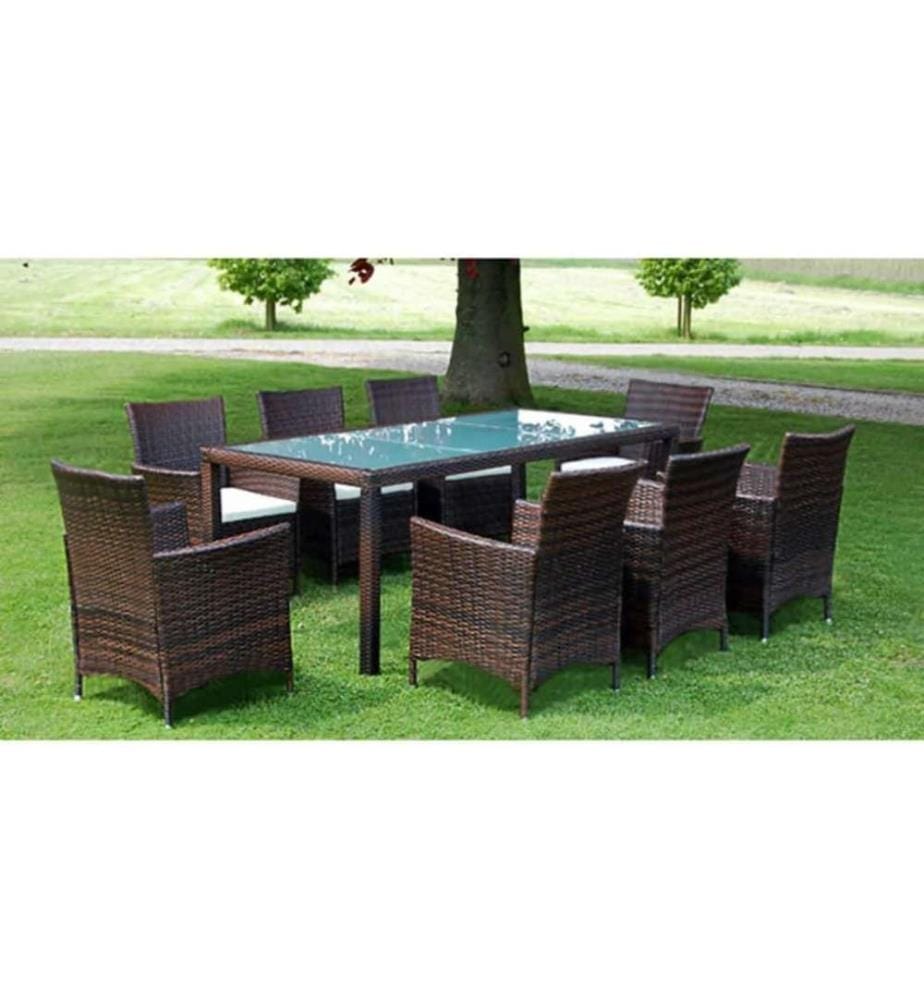 Mobilier à dîner jardin 9 pcs et coussins Résine tressée Marron