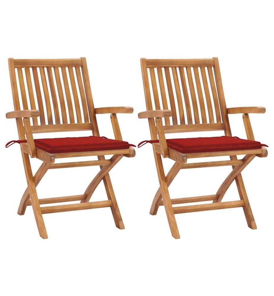 vidaXL Chaises de jardin lot de 2 et coussins rouge Bois teck massif