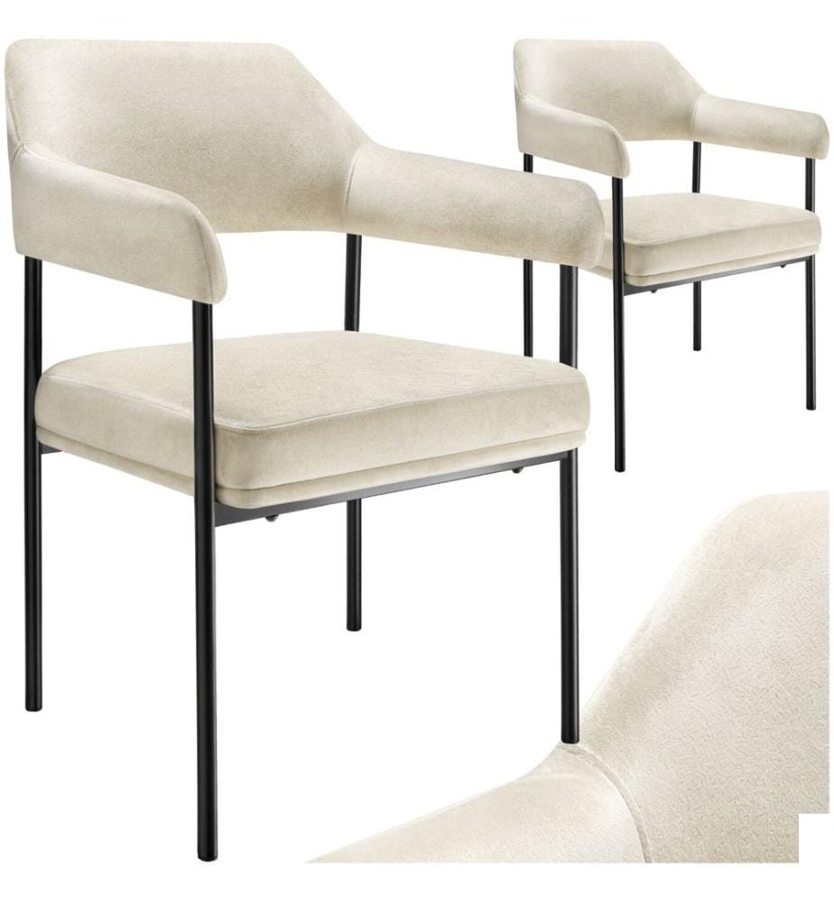 Fauteuil DOÉ rembourré avec pieds en acier - Aspect velours blanc cassé, Lot de 2