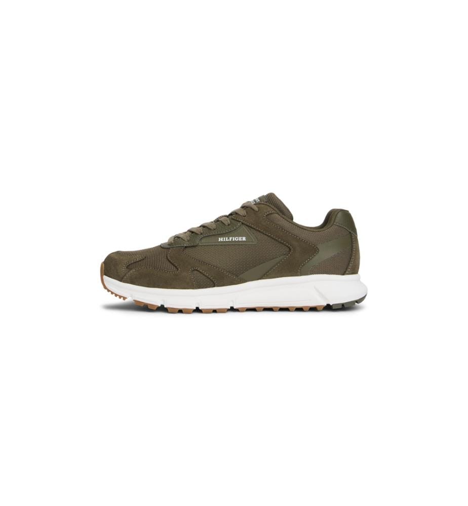 Baskets multitextures crantées en daim - Olive