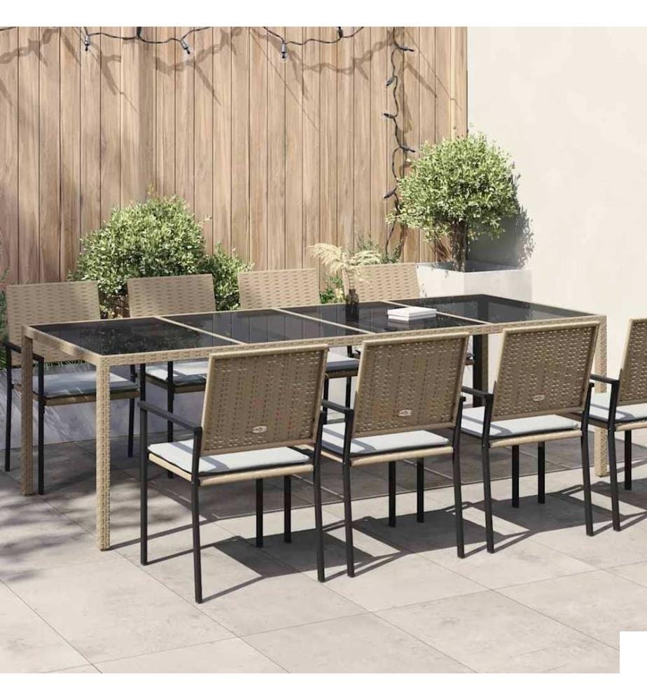 Table de jardin Beige 250x100x75 cm Verre trempé et poly rotin