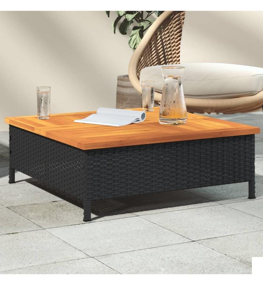 Table de jardin noir 70x70x25 cm résine tressée et bois acacia