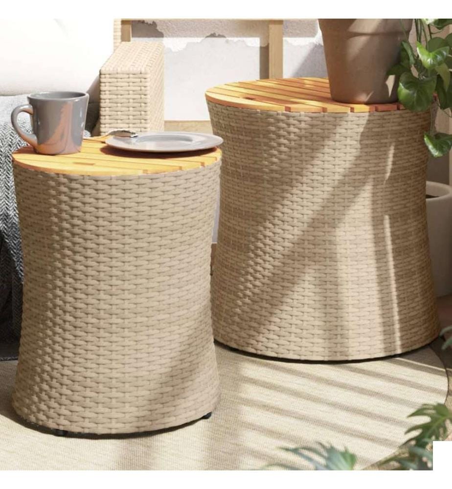 Tables d'appoint de jardin 2pcs dessus en bois beige poly rotin