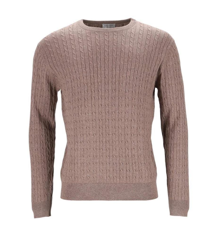 Pull col rond à motif côtelé - 95% coton & 5%cachemire - Brun