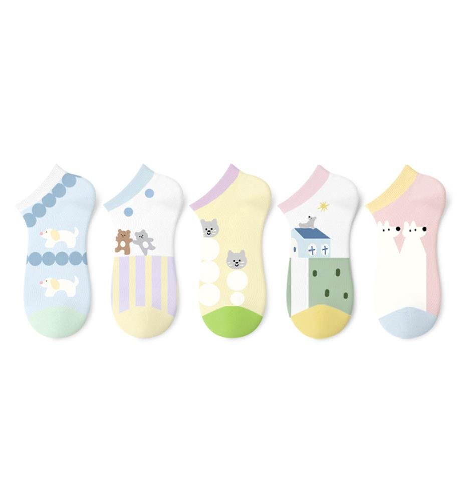 Mignonnes chaussettes à la cheville illustrées d'animaux pastel - 5 paires de chaussettes fines pour l'été
