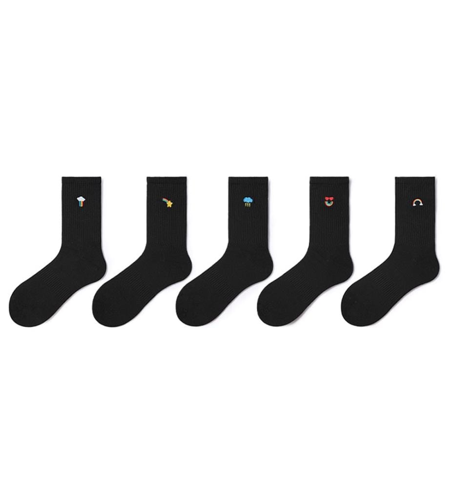 Chaussettes mi-mollet noires brodées Cute Weather - Lot de 5 paires de chaussettes toutes saisons