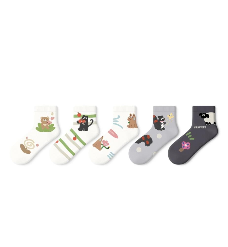 Chaussettes courtes minces avec illustration d'animaux Kawaii - Lot de 5 paires pour l'été