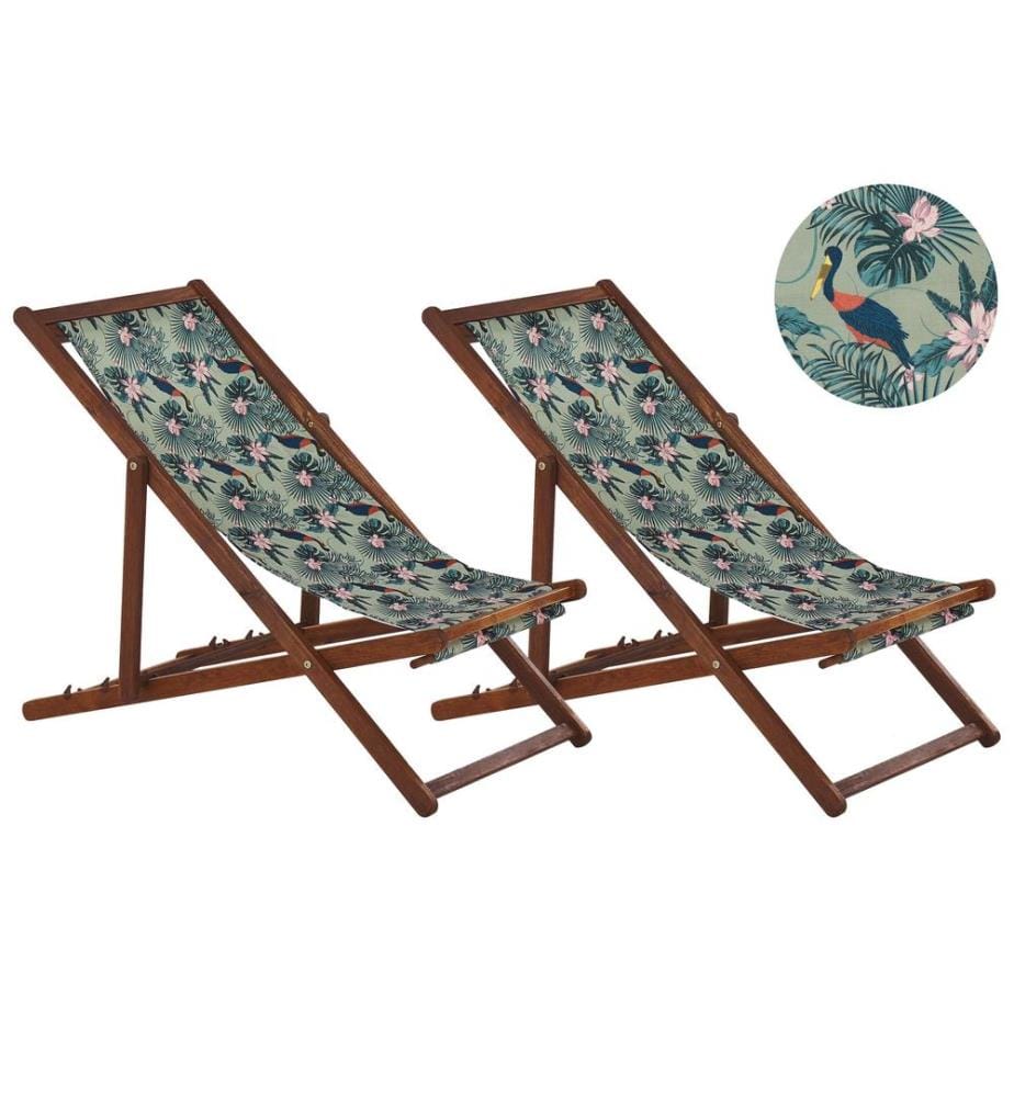 Lot de 2 chiliennes pliantes ANZIO avec tissus de remplacement Motif animal Acacia Marron foncé