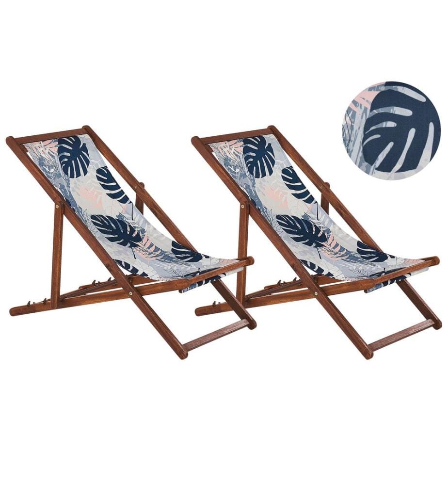 Lot de 2 chiliennes pliantes ANZIO avec tissus de remplacement Motif floral Acacia Marron foncé