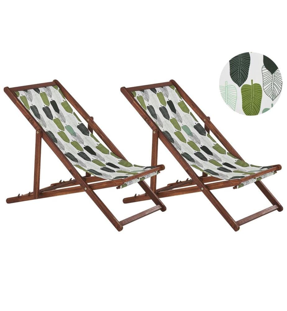 Lot de 2 chiliennes pliantes ANZIO avec tissus de remplacement Motif floral Acacia Marron foncé