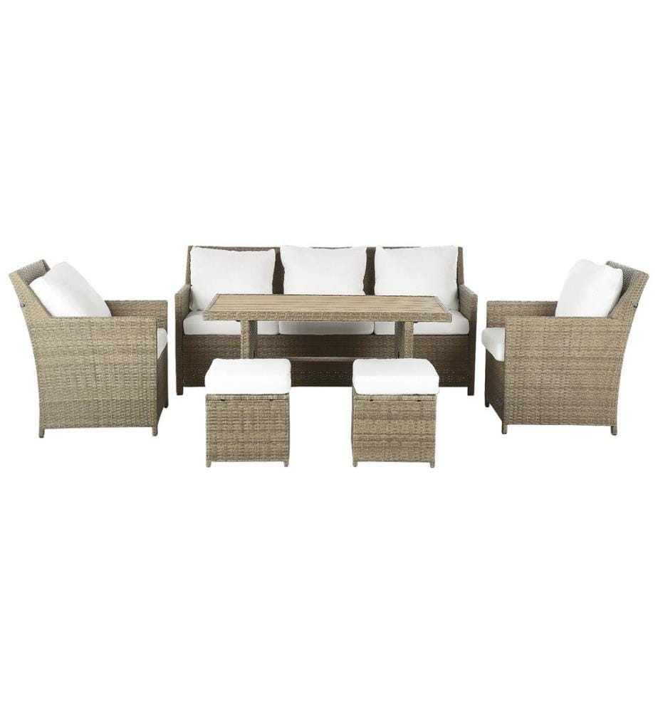 Ensemble de salon de jardin avec table et ottoman 5 places FONTI avec coussins Marron