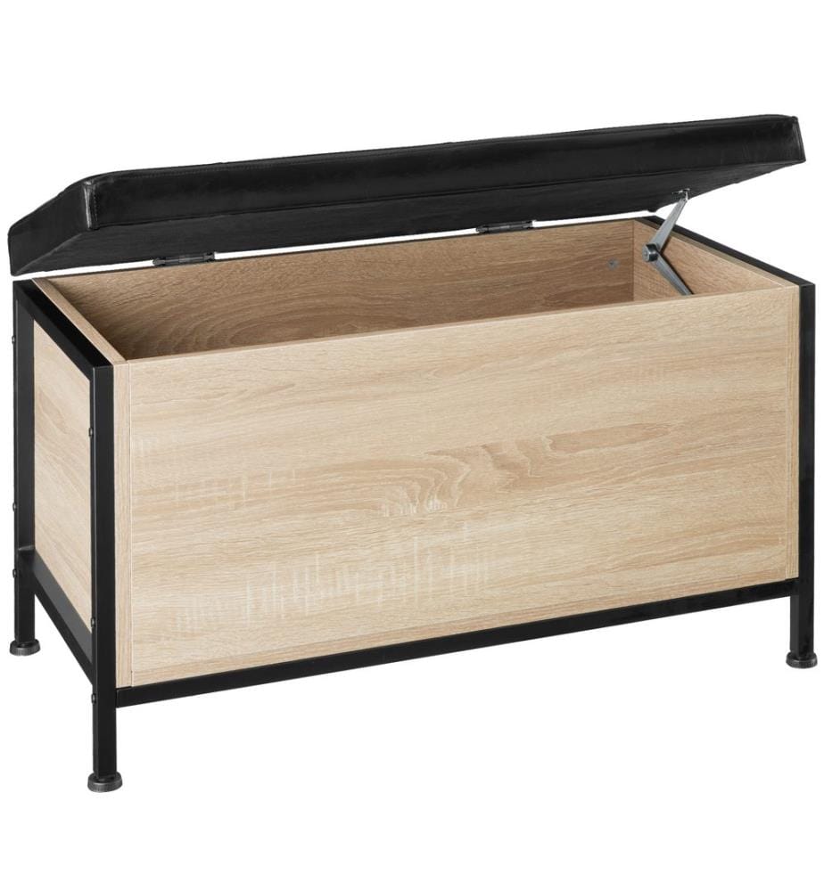 Coffre banquette matelassée CALICO 81,5 x 41,5 x 50,5 cm - Bois clair industriel, Chêne Sonoma