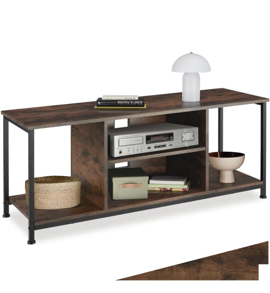 Meuble bas avec quatre compartiments ouverts et une étagère variable - 120 cm, Bois foncé industriel, rustique