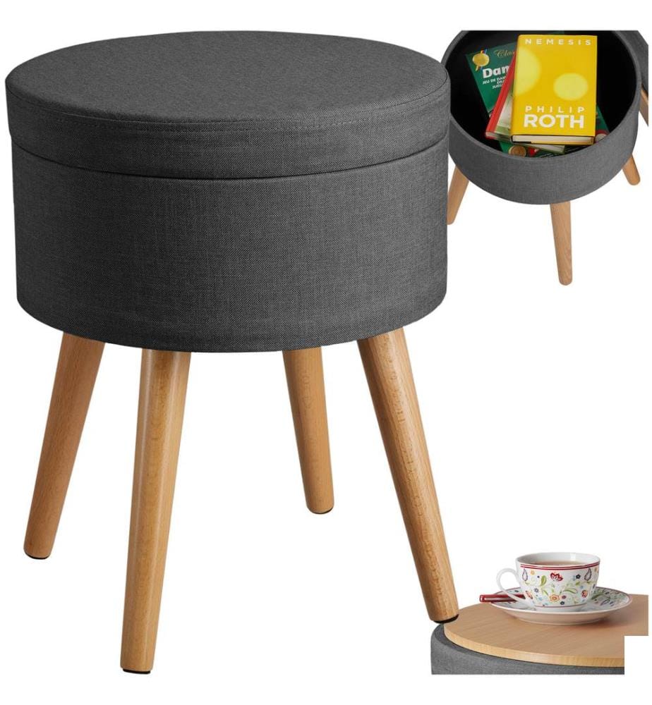 Tabouret avec coffre de rangement YARA aspect lin transformable - gris foncé