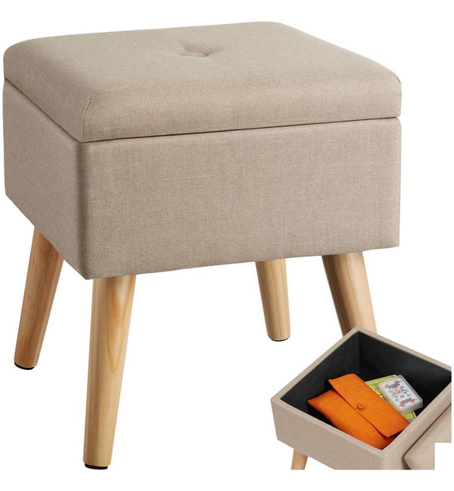 Tabouret avec coffre de rangement aspect lin ELVA carré - sable