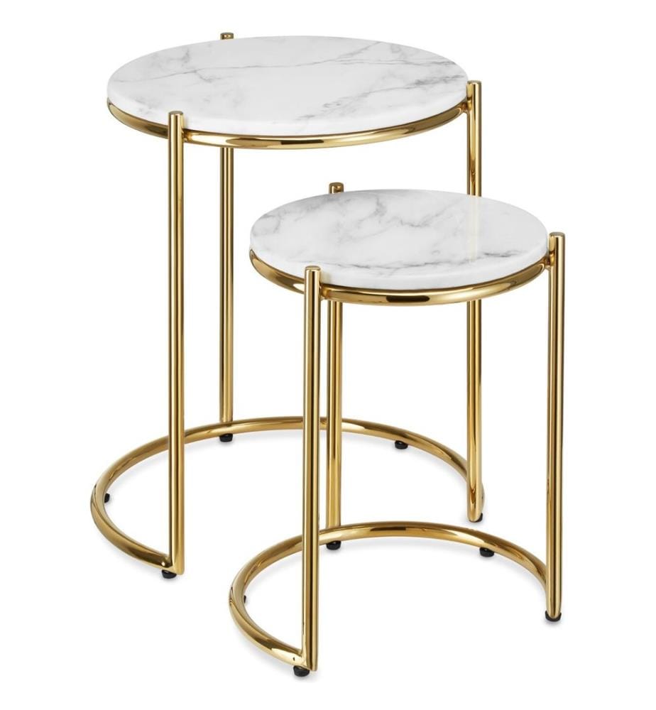 Table d'appoint ELSA plateau en marbre et structure en acier - blancdoré, Lot de 2