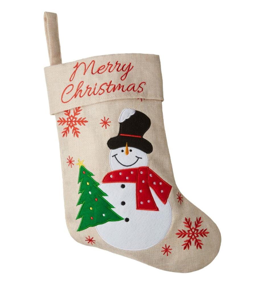 Botte de Saint Nicolas aspect jute avec motif de bonhomme de neige