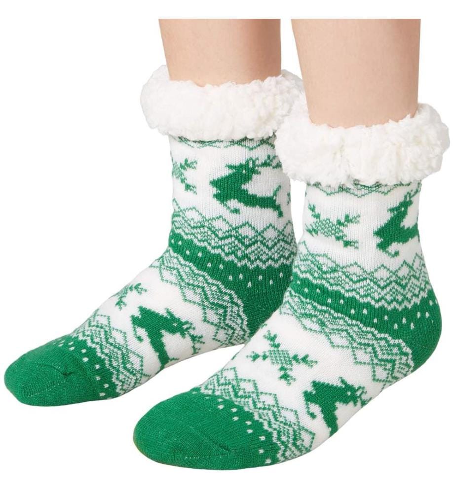 Chaussettes douillettes avec motif de renne vert-blanc