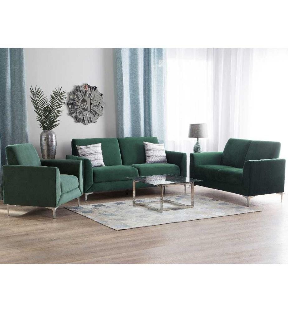 Ensemble Salon 2 Canapés Fixes et Fauteuil en Velours Vert Design Moderne Confortable et Spacieux