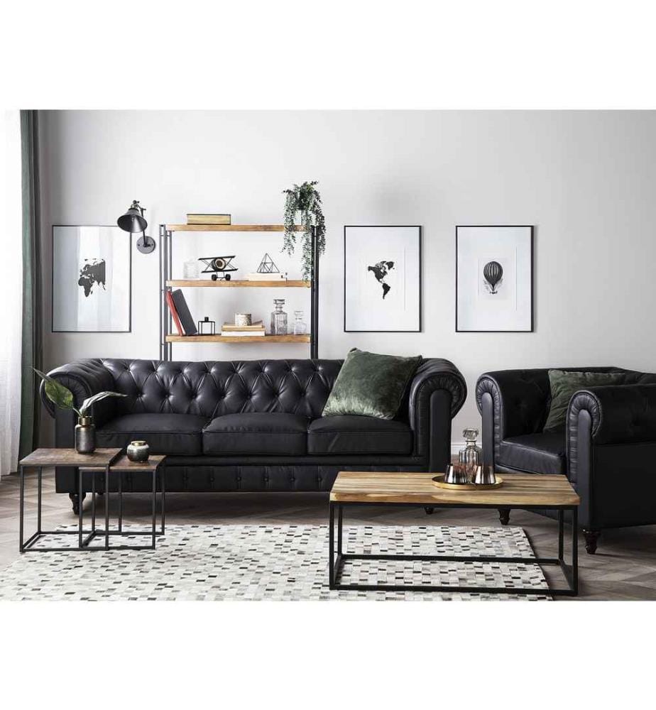 Ensemble Salon Canapé et Fauteuil Chesterfield en Cuir PU Noir avec Dossiers Capitonnés Design Vintage et Glamour