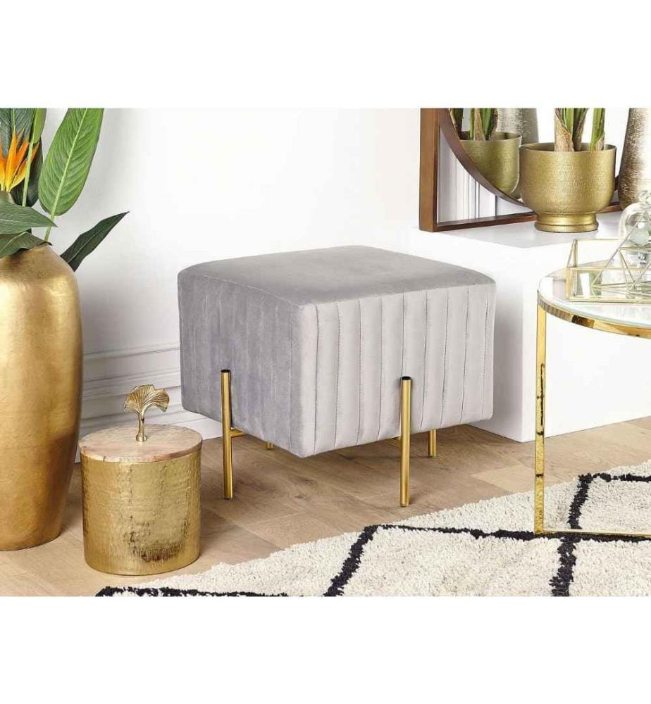 Pouf Carré en Velours Gris Clair et Structure en Métal Doré Idéal pour Chambre ou Salon au Design Glamour Tendance