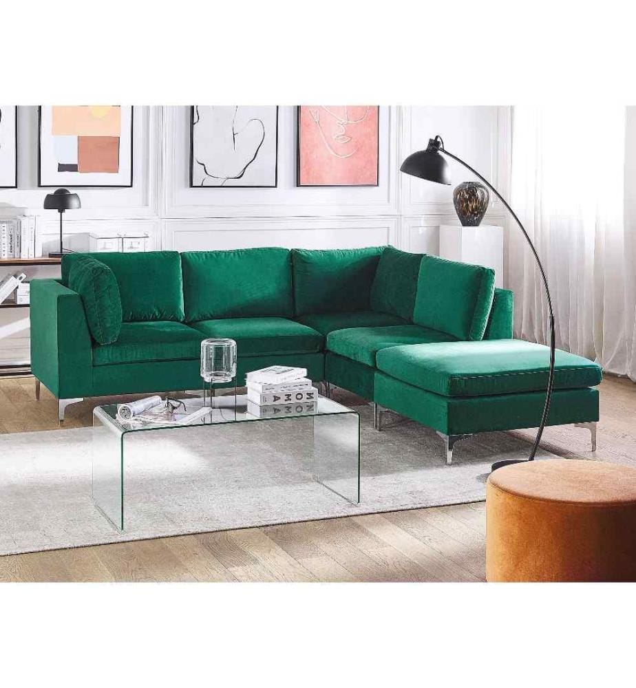 Canapé d'angle modulable 4 places EVJA Velours Vert avec ottoman Côté gauche