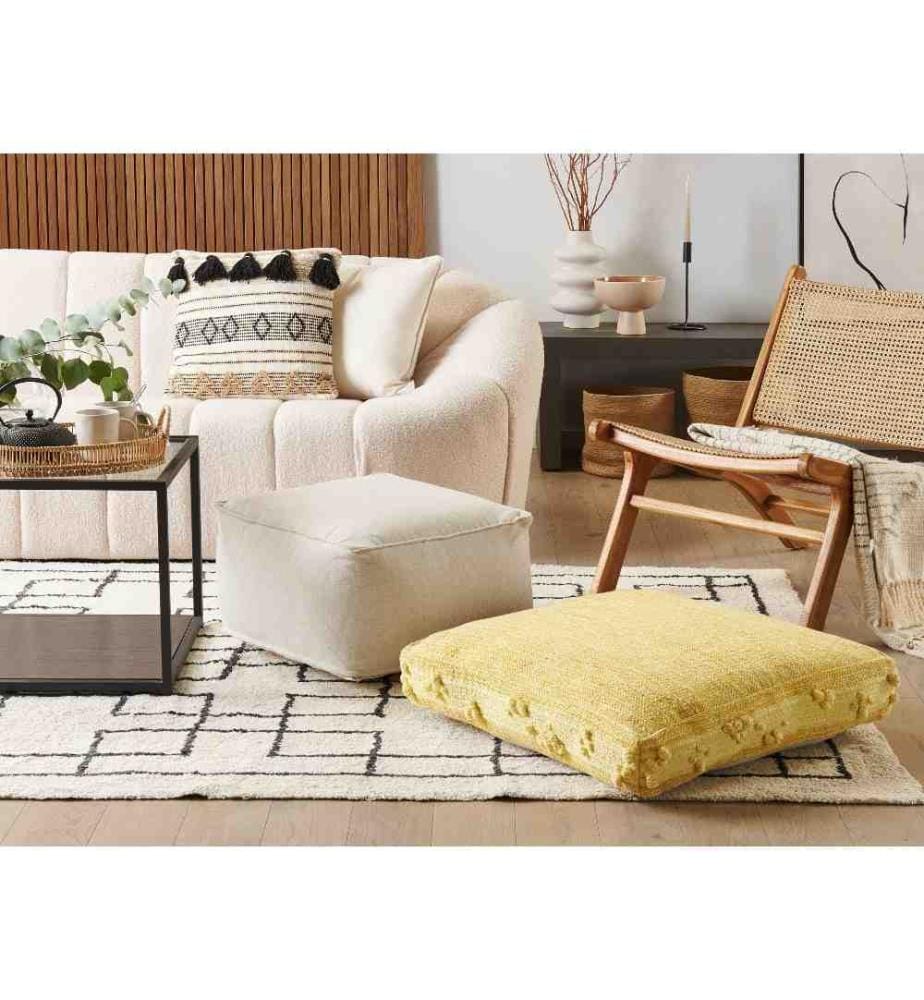 Coussin de Sol Jaune Coton 60 x 60 x 12 cm Pouf Ottoman Décoratif Style Boho