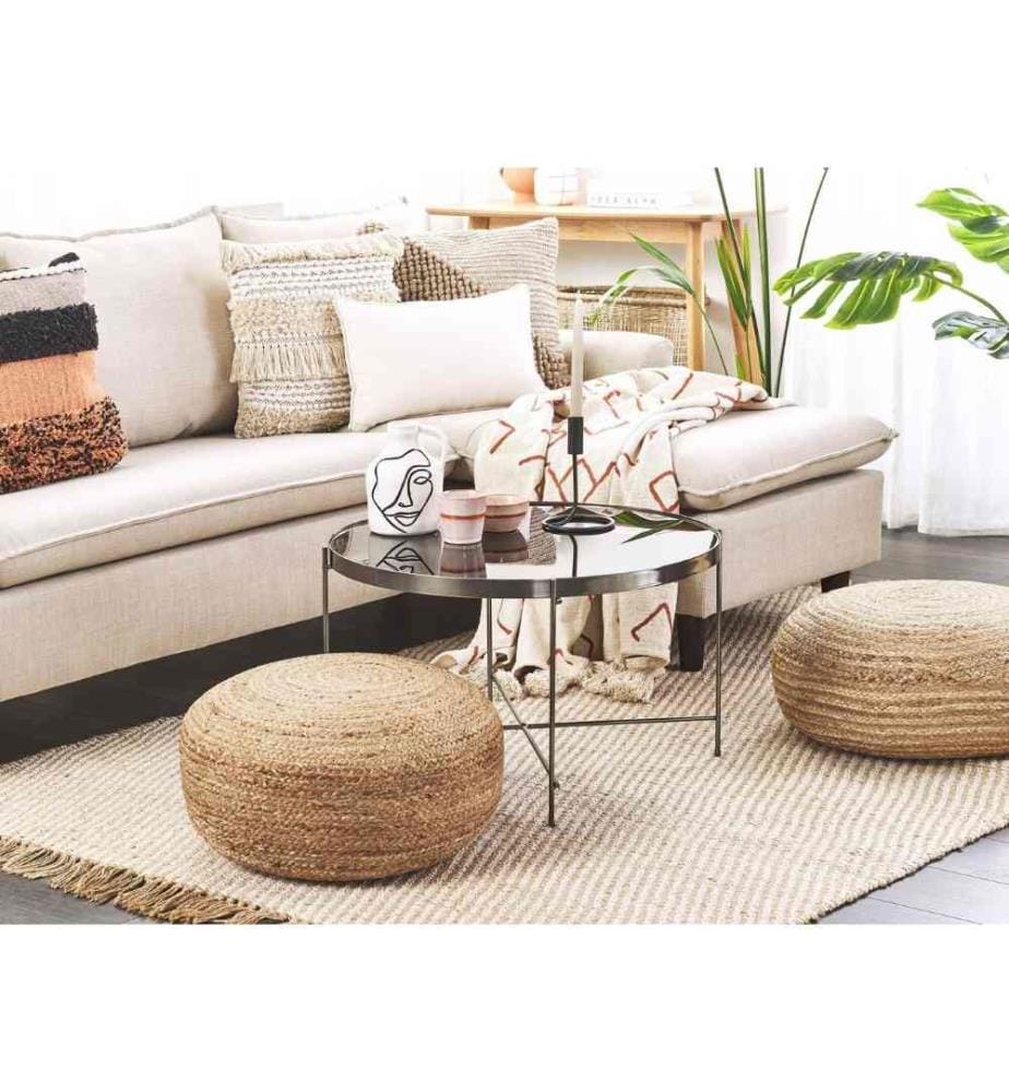 Pouf Beige Couleur Naturelle Jute Tressage ? 50 cm EPS Remplissage Rond Style Coussin Sol Boho Ottoman