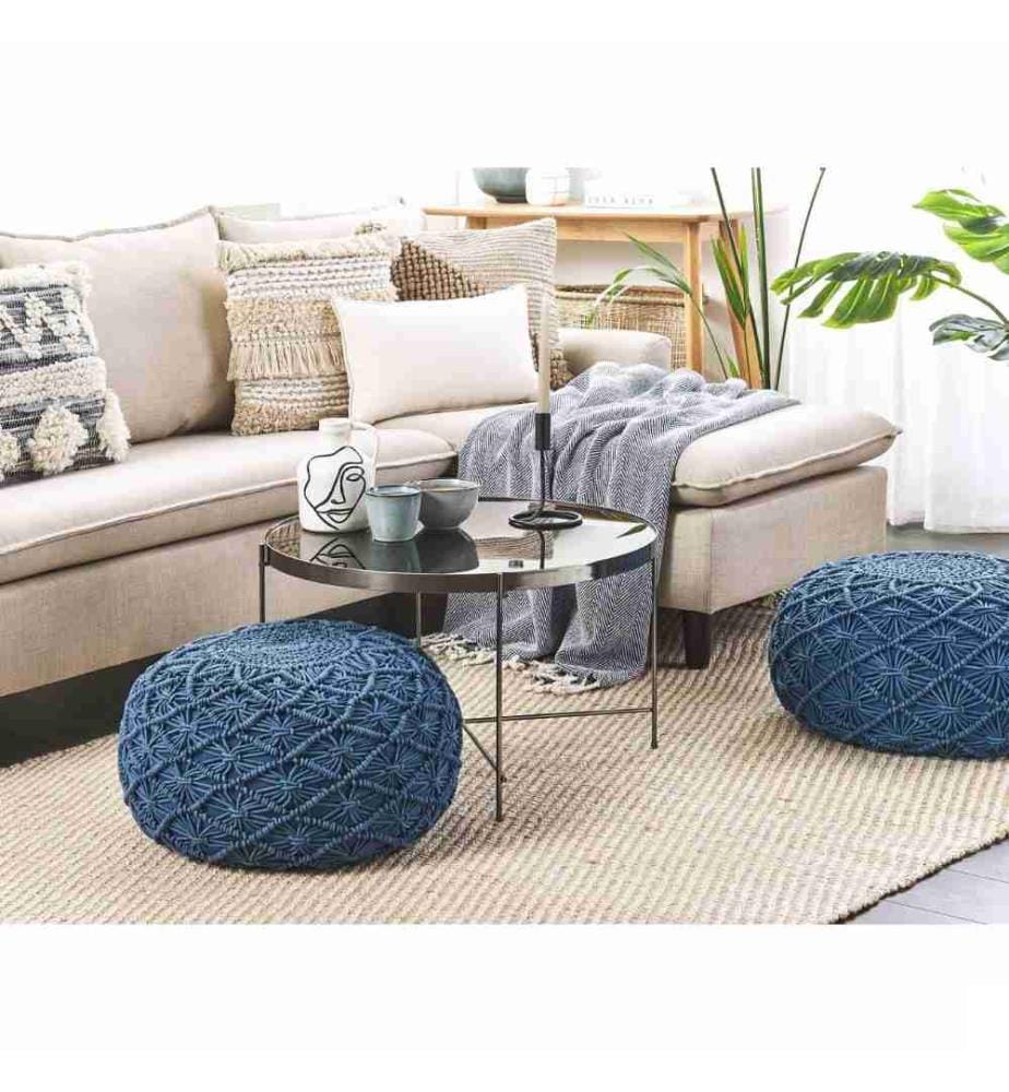 Pouf Macramé BERKANE Coton Bleu marine