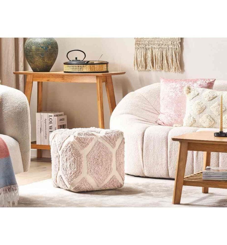 Pouf Beige et Rose en Coton 40 x 40 x 40 cm Cube Boho Décoration Tissée à Motif Géométrique Salon Chambre Siège Mou