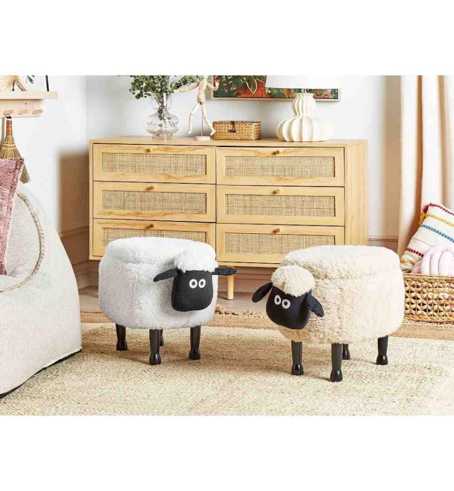 Pouf Animal Beige en Tissu en Forme de Mouton pour Enfant avec Jambes en Bois Houssées Assise avec Coffre pour Chambre Décoratif