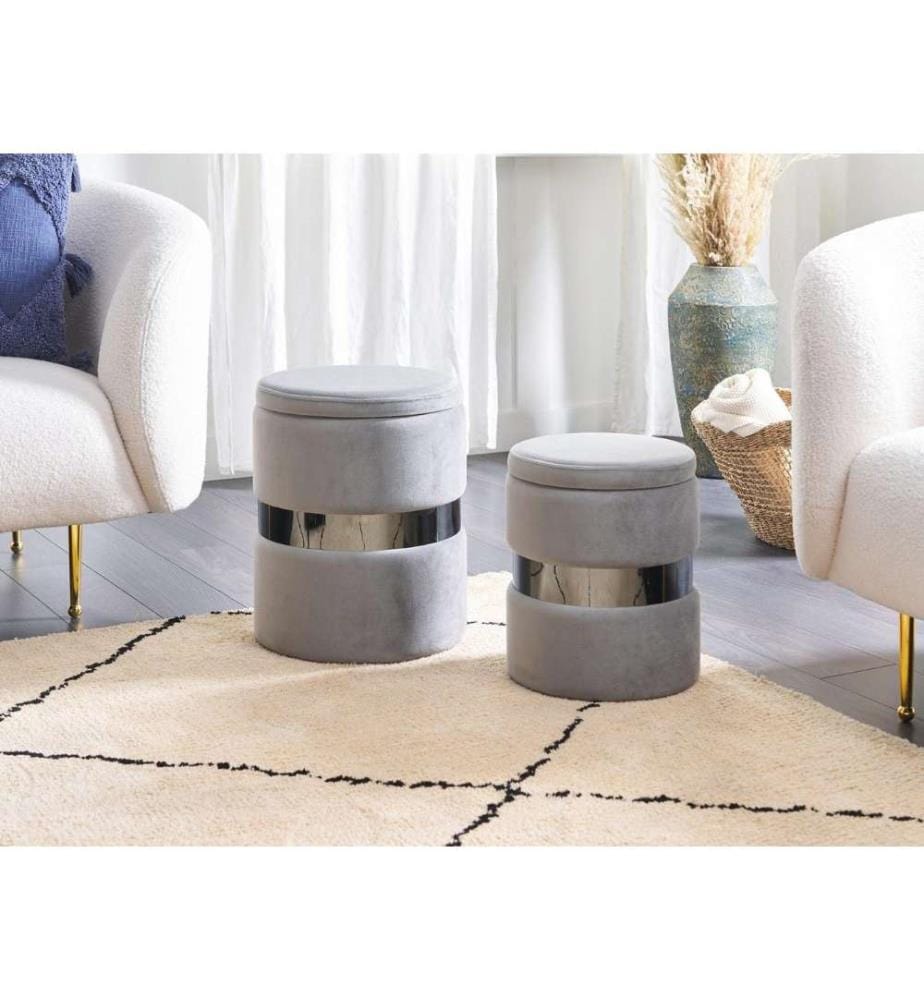 Lot de 2 poufs avec rangement DORIS Velours Gris clair