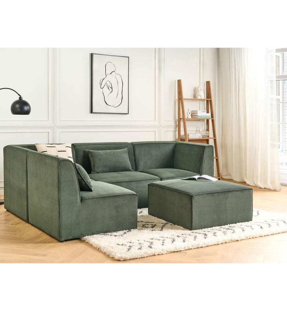 Canapé d'angle modulable 4 places LEMVIG Velours côtelé Vert avec ottoman Côté droit