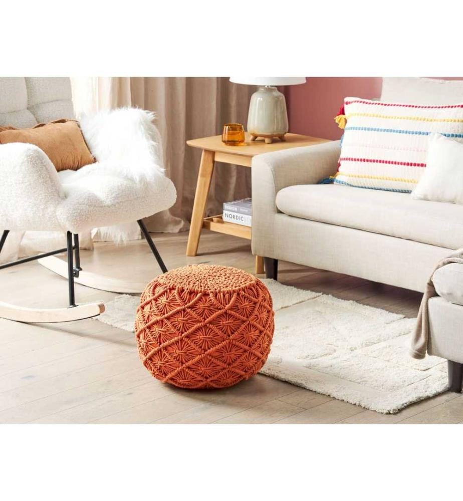 Pouf rond de 40 cm de Diamètre en Tissu Coton Bleu avec Rembourrage en Billes de Polystyrène pour Salon Bohème et Moderne