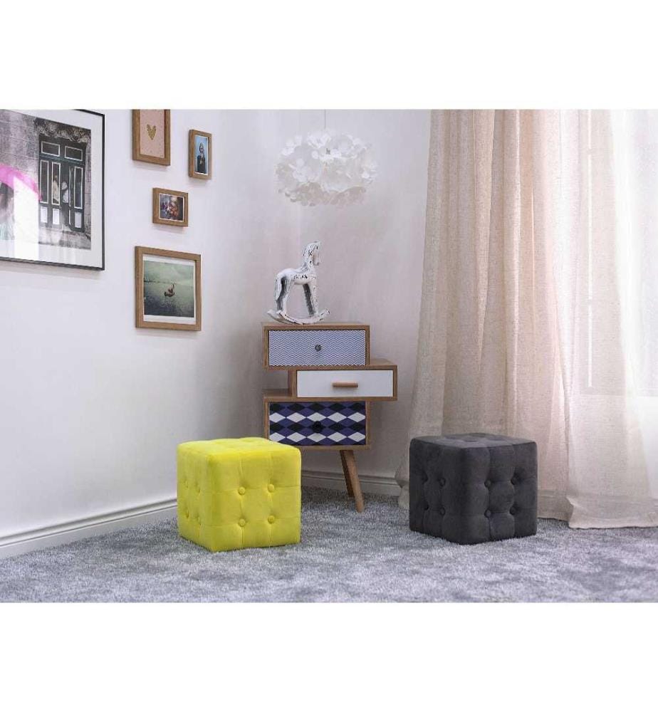 Pouf en Forme de Cube 31 x 31 cm de Type Chesterfield en Velours Artificiel Clouté de Couleur Gris Clair