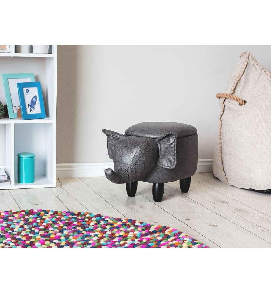 Petit Tabouret pour Enfant 35 cm de Hauteur en Forme d'Éléphant en Cuir PU Gris Foncé avec Coffre de Rangement