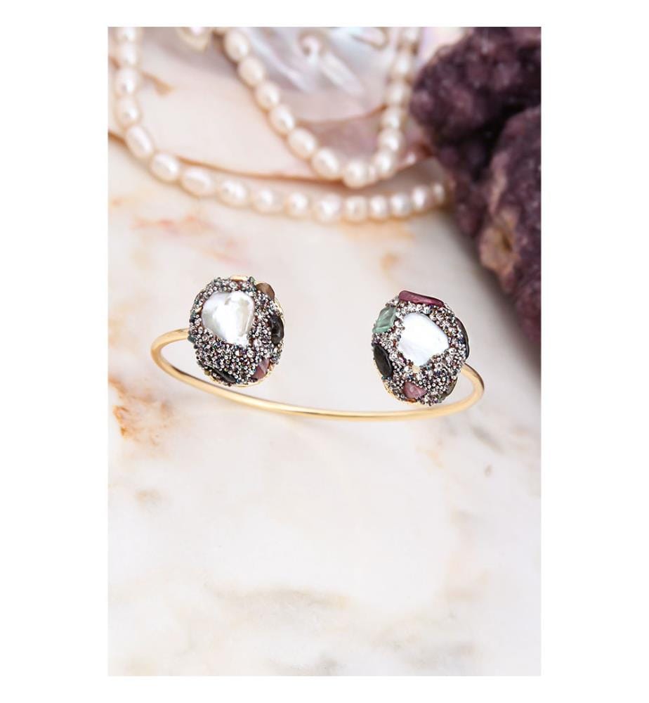 Bracelet en perles et tourmaline - Blanc et Gris