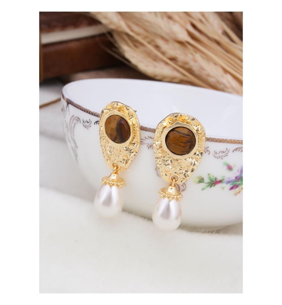 Boucles dOreilles en il de Tigre et Perles - Blanc et Brun