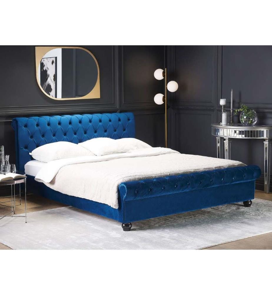 Lit à Eau Double en Velours Bleu Marine 160 x 200 cm Cadre Capitonné Confortable et Design Glamour pour Chambre Moderne ou Classique
