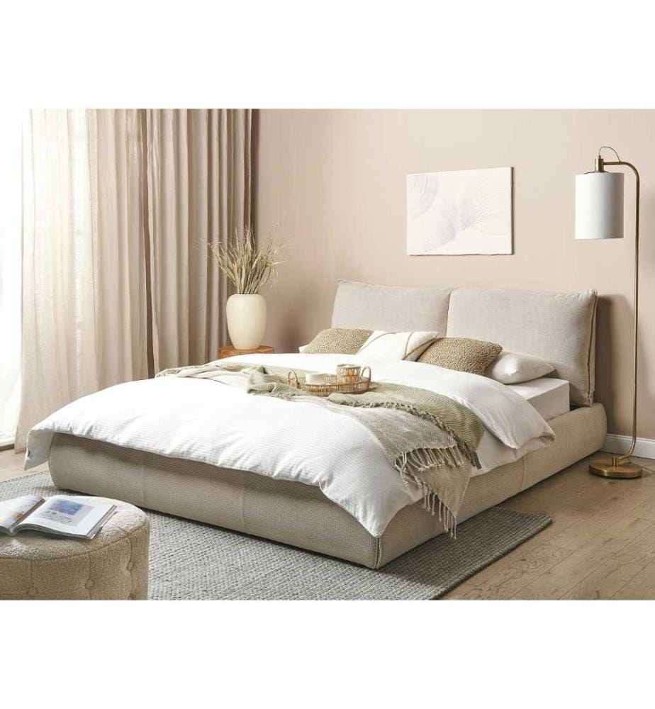 Lit à Eau en Tissu Polyester Beige 160 x 200 cm avec Sommier à Lattes et Thermostat Matelas à Eau Cadre et Tête de Lit Rembourrés Design