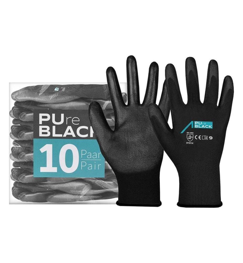 ACE - Gant de travail 10 paires de PureBlack PU Taille: XXL, Noir