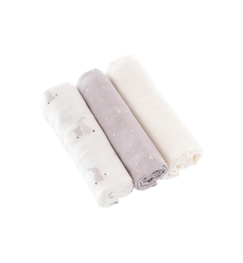 Träumeland - Serviette en gaze Hophop Bunny gris Lot de 3, 80 x 80 cm