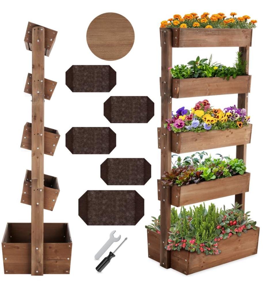 Jardinière verticale FLORA en bois laqué avec toile de paillage - marron, 81 x 52 x 180 cm